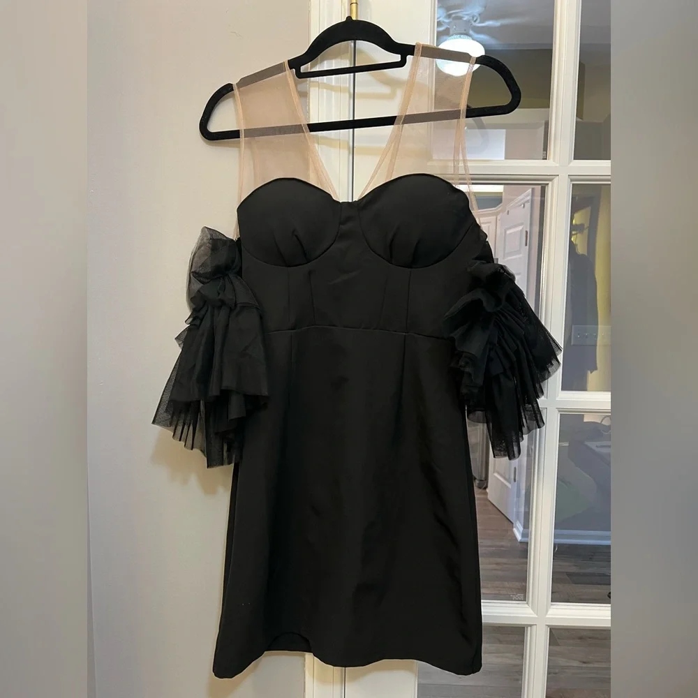 Gracia Black mini Dress with corset style top and Tulle Sleeves size S - Picture 3 of 7